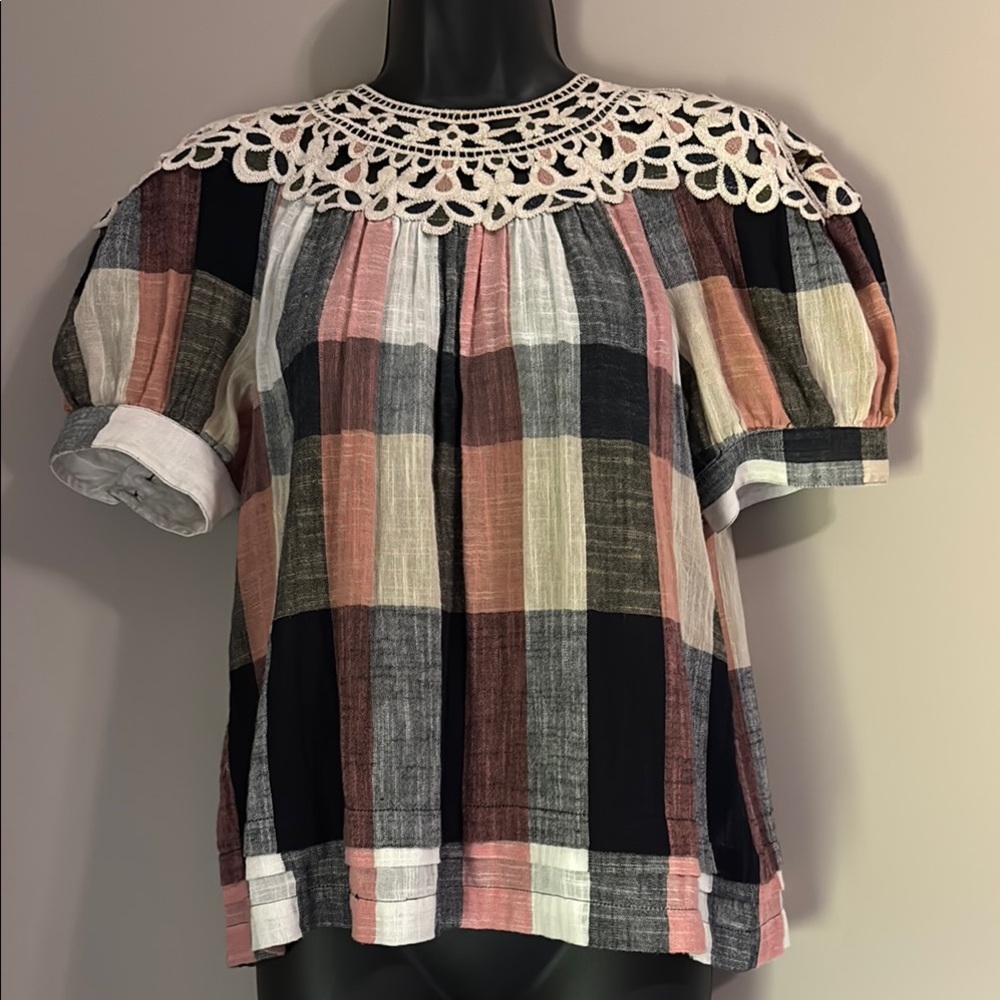 Black and White Puff Sleeve Blouse with Bib Collar